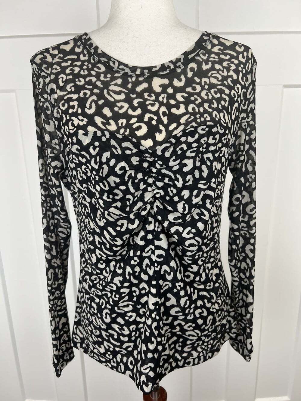 Cabi Animal Print Mesh Blouse M Sweetheart Ruched Front Black Beige Sheer 4163